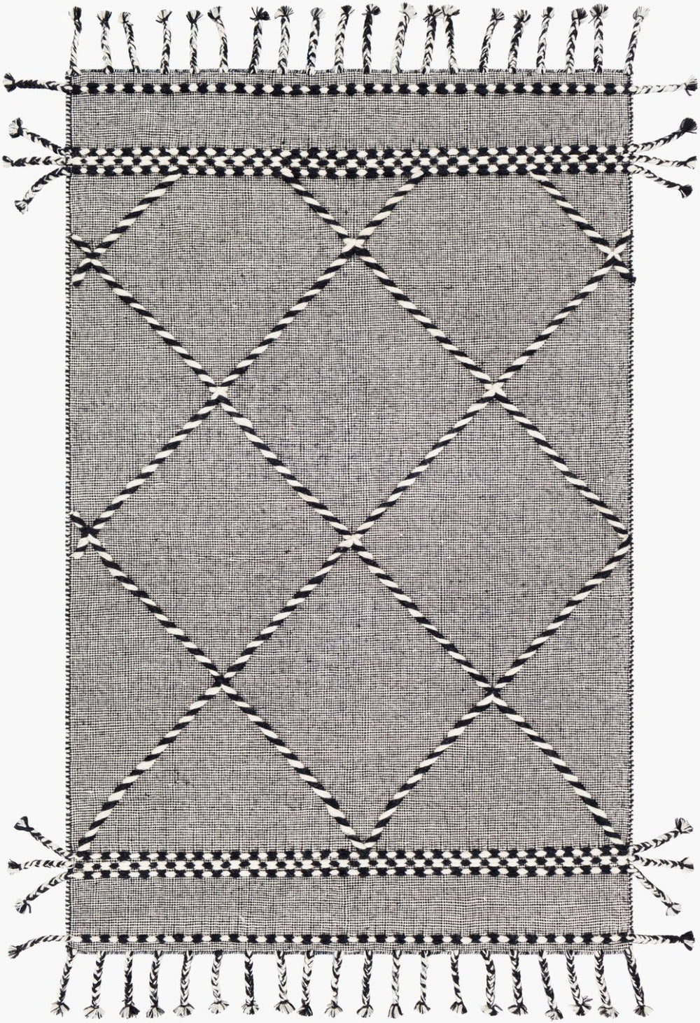 Livabliss Apache Handwoven Wool Flatweave Rug Moroccan Geometric Bohemian Fringe Accent Black, Cream 2'6" x 4' APA2306-264