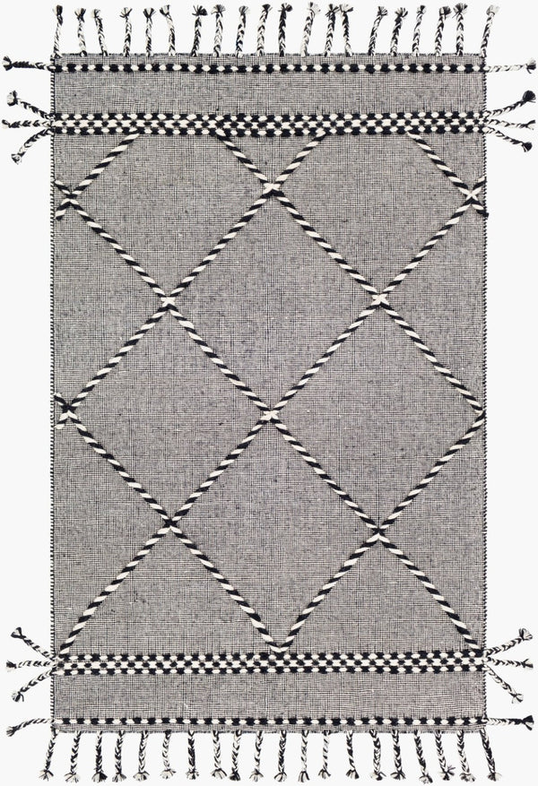 Livabliss Apache Handwoven Wool Flatweave Rug Moroccan Geometric Bohemian Fringe Accent Black, Cream 2'6" x 4' APA2306-264