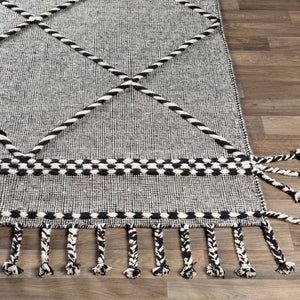 Livabliss Apache Handwoven Wool Flatweave Rug Moroccan Geometric Bohemian Fringe Accent Black, Cream 2'6" x 4' APA2306-264