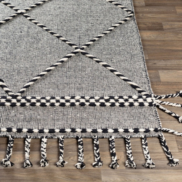 Livabliss Apache Handwoven Wool Flatweave Rug Moroccan Geometric Bohemian Fringe Accent Black, Cream 2'6" x 4' APA2306-264