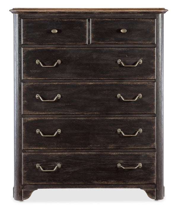 Hooker Furniture Americana Six-Drawer Chest With Felt-Lined Jewelry Drawers, Cedar Bottom, Antique Bronze Hardware Blacks 7050-90010-89