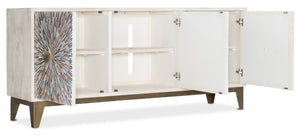 Hooker Furniture Melange Starburst Bone Inlay Entertainment Console — Mango Wood, Gold Accents, Ventilated Storage For 70" Tvs 628-55001-02