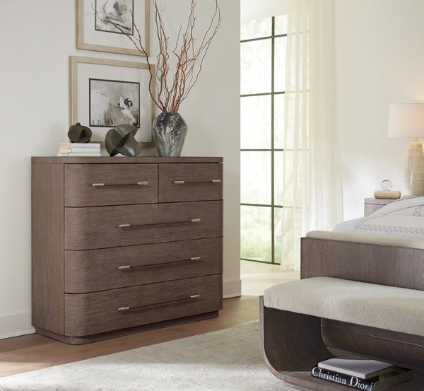 Hooker Furniture Modern Mood Bachelor's Chest With Felt & Cedar Linings, Leather-Wrapped Pulls, Rounded Contemporary Silhouette Medium Brown 6850-90017-89