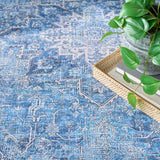 Nourison Washables NWB15 Machine Made Power-loomed Narrow Border Indoor Only Vintage  Rug Blue, Blue Front Base, 85% Polyester,9% Cotton,6% Other Fibers 99446994172