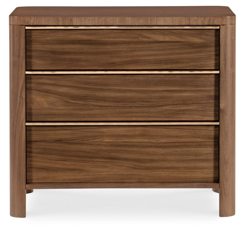 Hooker Furniture Eleana Light Caramel Three-Drawer Nightstand With Charging Station, Walnut Veneer & Sunlit Bronze Pulls 7252-90216-85