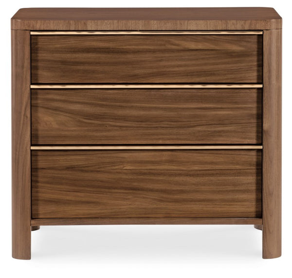 Hooker Furniture Eleana Light Caramel Three-Drawer Nightstand With Charging Station, Walnut Veneer & Sunlit Bronze Pulls 7252-90216-85
