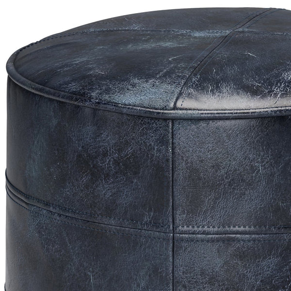 English Elm Connor Round Pouf - Artisan-Crafted Distressed Navy Blue Leather Accent For Stylish Living Spaces B136P159339