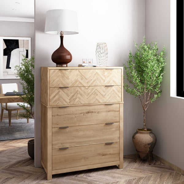 A.R.T. Furniture Garrison Drawer Chest: Stylish Washed Oak Storage With Herringbone Design And Cedar-lined Drawers Brown Parawood Solids With Ash Embossing,White Oak Veneers,Metal 322150-1302