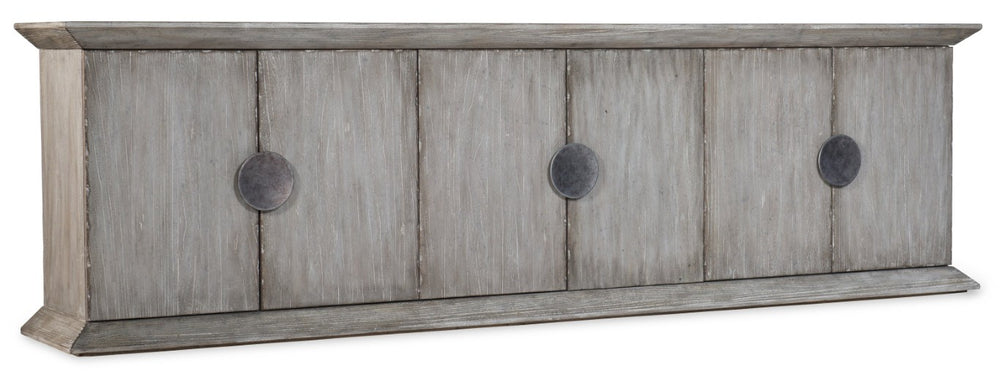 Hooker Furniture Melange Koren Credenza With Faux-Concrete Top, Elm Veneer & Gunmetal Hardware — Media-Ready Storage Statement 638-85444-95