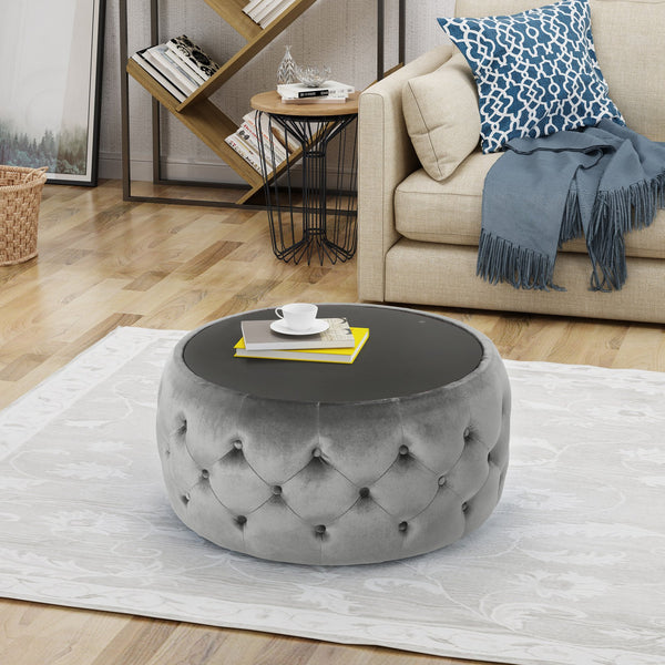 English Elm Ottoman Round Velvet Tufted Diamond Stitch Glass Top Modern Glam Living Room Accent 62732.00SMOK