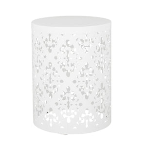 English Elm Outdoor Iron Accent Table Laser Cut Floral Cylinder Design for Patio or Balcony White 73605.00WHI