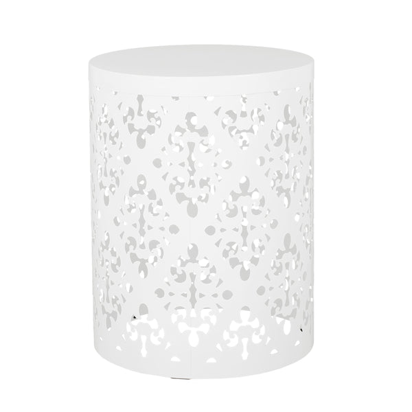 English Elm Outdoor Iron Accent Table Laser Cut Floral Cylinder Design for Patio or Balcony White 73605.00WHI