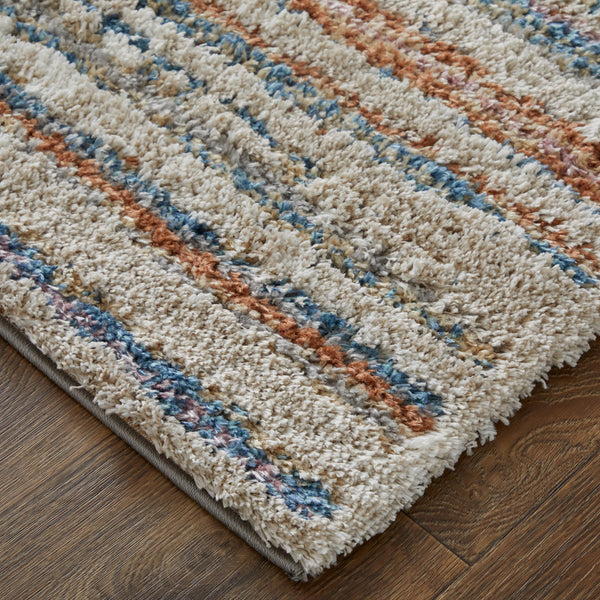 Feizy Rugs Mynka High Pile Polyester Striped Rug – Stylish, Pet-friendly, Stain-resistant, Easy-care Area Decor Ivory,Blue,Orange Polyester Myn39iefmlt000p00