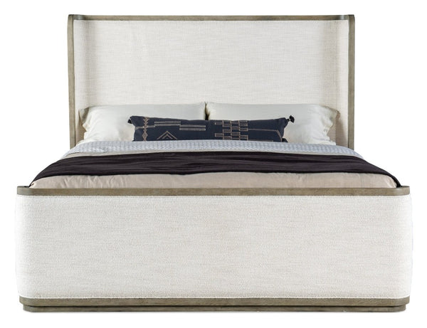 Hooker Furniture Linville Merino Pearl Upholstered Shelter Bed With Mink Wood Trim — Modern Sleigh Design, Durable Comfort 87.00 L x 82.75W x 65.25H 6150-90466-85