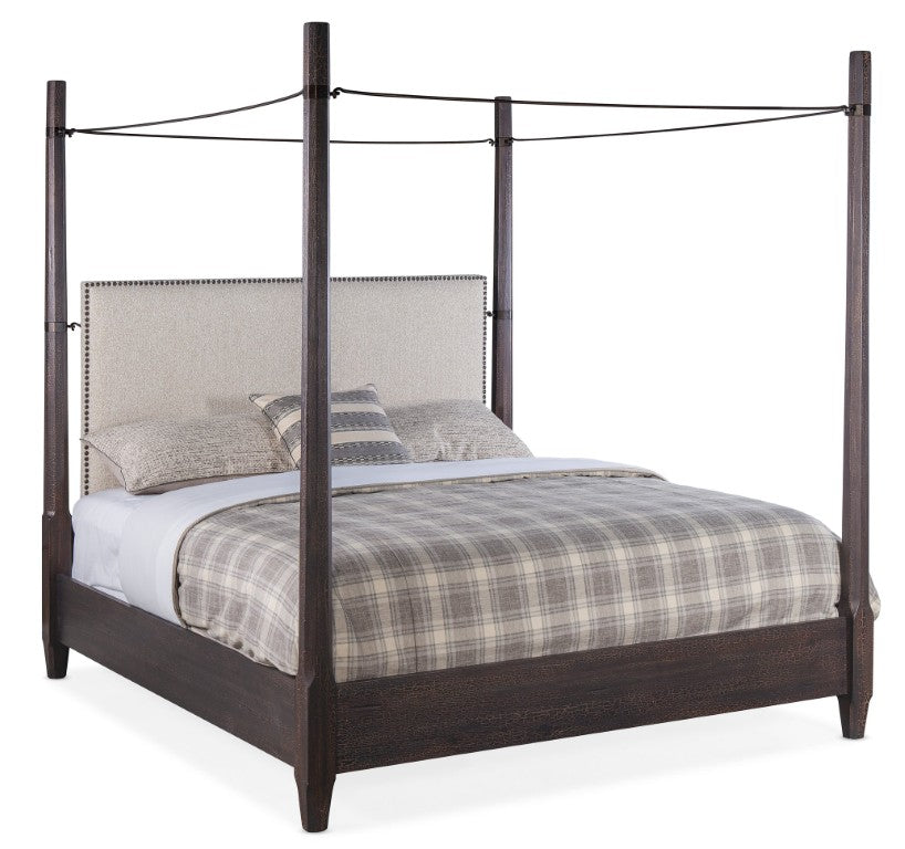 Hooker Furniture Big Sky King Poster Bed With Canopy Charred Timber Linen Headboard Nail-Trim Rustic Statement Frame Medium Brown 6700-90666-98