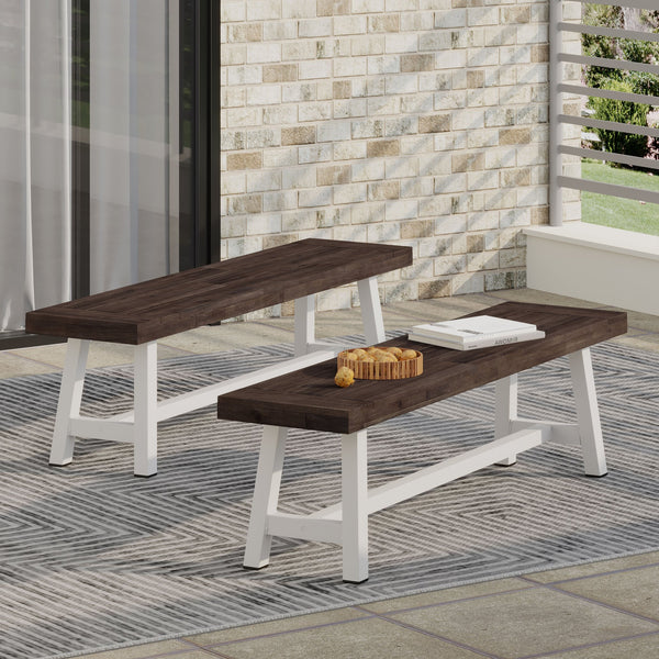 English Elm Dark Acacia Slatted Dining Bench Handcrafted with Iron Frame for Farmhouse Spaces Brown White 54562.00SBRN