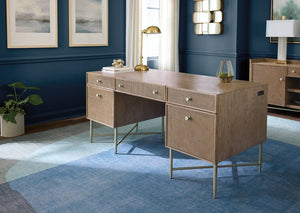 Hooker Furniture Sonnet Executive Desk With Wren Oak Veneer, Cane Drawers, Reversible Writing Surface & Wire Mgmt 6072-10462-85