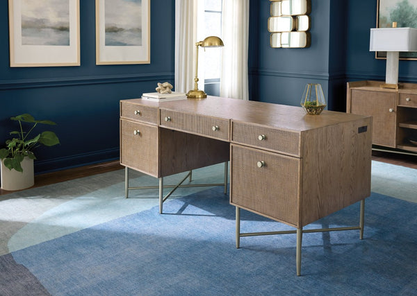 Hooker Furniture Sonnet Executive Desk With Wren Oak Veneer, Cane Drawers, Reversible Writing Surface & Wire Mgmt 6072-10462-85