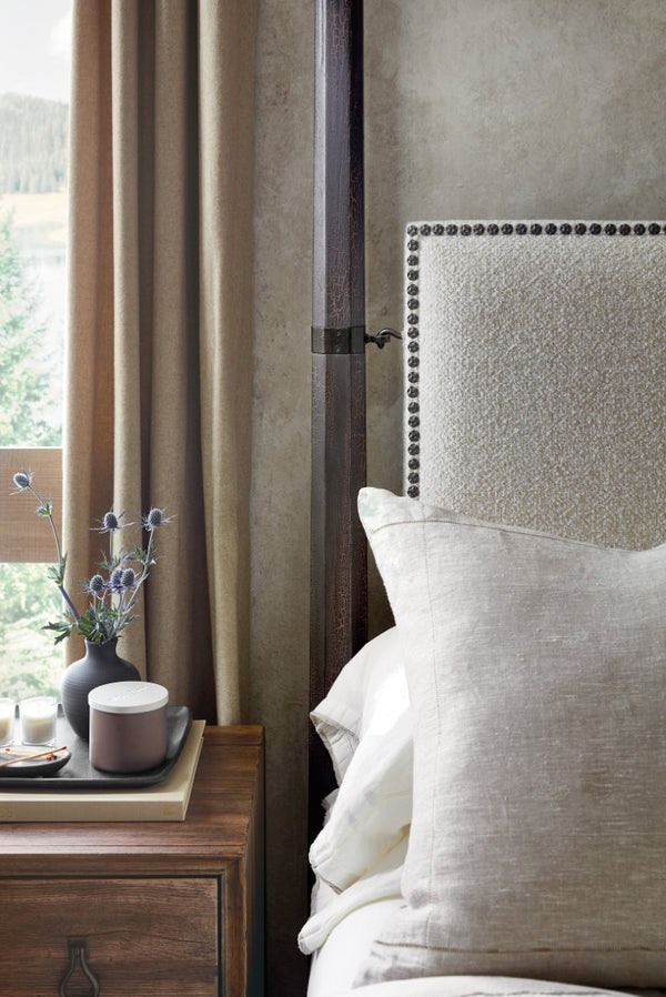 Hooker Furniture Big Sky Cal King Poster Bed With Charred Timber Finish, Linen-Upholstered Headboard & Bronze Canopy Beige 6700-90660-98