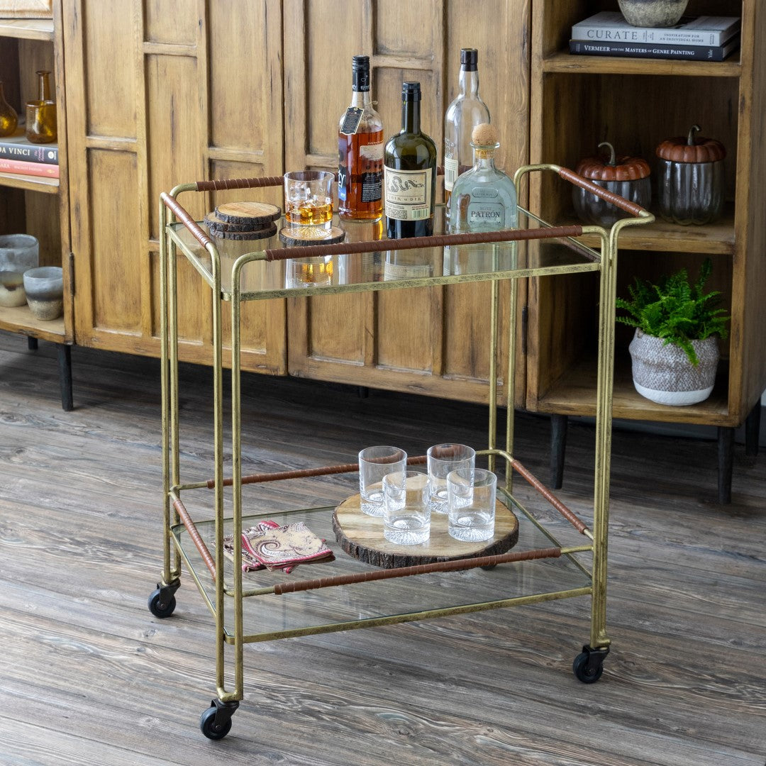 Langdon Bar Cart - Antique Gold Leather-Wrapped Iron Frame with Caster