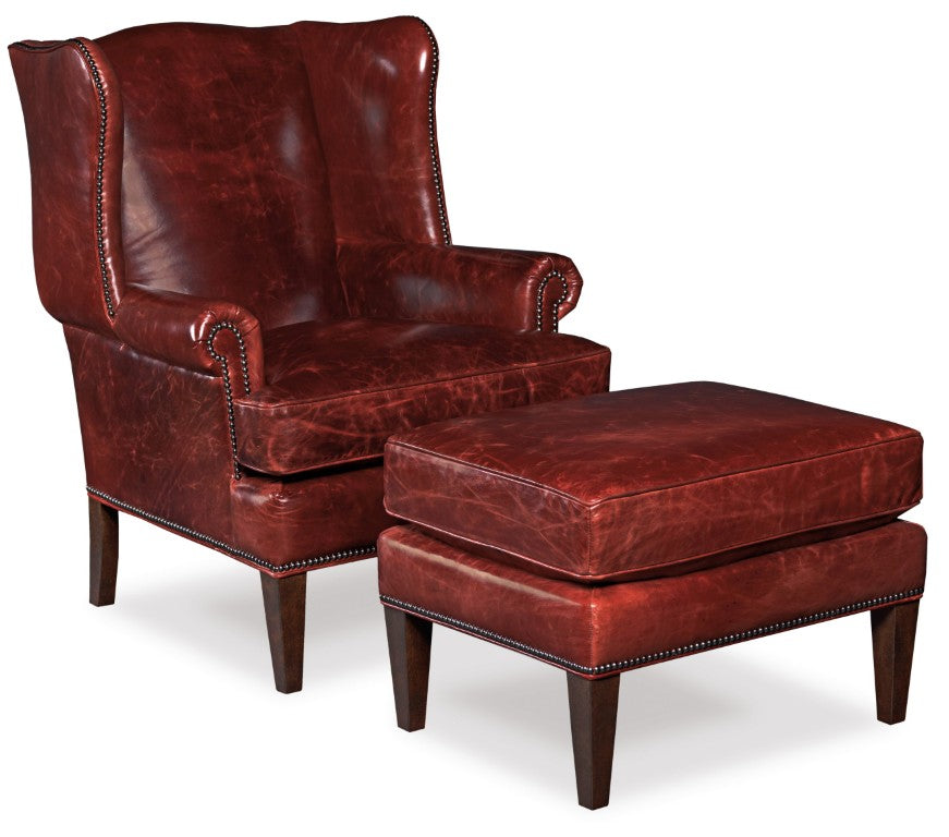 Hooker Furniture Blakeley Classic Wing-Style Club Chair In Natchez Brown Leather With Vintage Nailhead Trim For Cozy Rooms Dark Red CC408-069