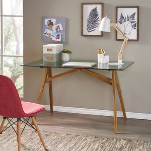 Christopher Knight Home® - Noble House - Croxton Mid-Century Acacia Wood Desk with Tempered Glass Top, Natural and Green