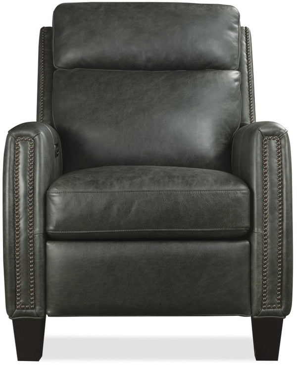 Hooker Furniture Jacklyn Aniline Top Grain Leather Power Recliner With Pop-Up Headrest, Nailhead Trim & Bustle Back Grey RC822-PH-096