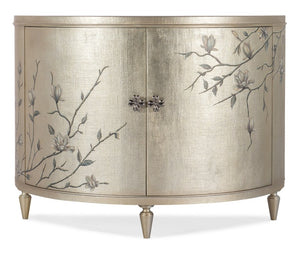 Hooker Furniture Melange Champagne Leaf Linen Demilune Chest With Silver Floral Hardware, French-Inspired Storage Elegance 628-85645-92