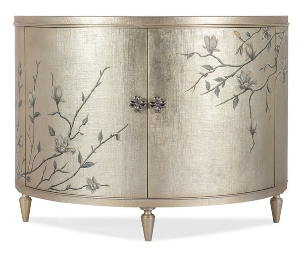 Hooker Furniture Melange Champagne Leaf Linen Demilune Chest With Silver Floral Hardware, French-Inspired Storage Elegance 628-85645-92