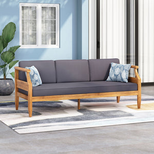 English Elm Christopher Knight Home® - ASTON Teak 3 Seater Sofa — Mid-Century Acacia Wood Frame, Slat Design & Water-Resistant Cushions 73001.00DGRY