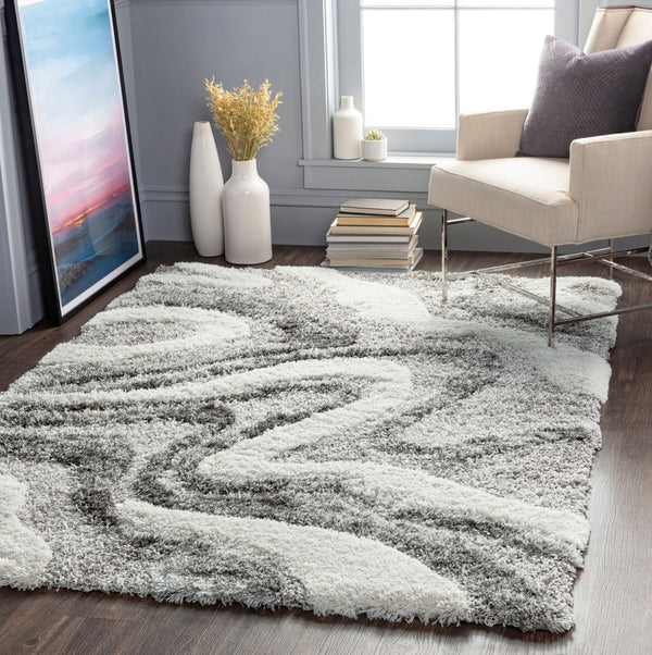 Livabliss Alta Plush Polypropylene Shag Rug Scandinavian Modern Accent for Bedroom or Living Room Charcoal, White 2' x 2'11" ASG2303-23