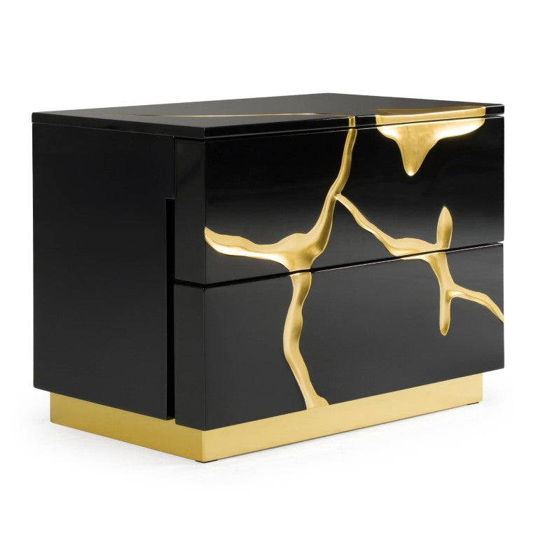 VIG Furniture Aspen High-Gloss Black Nightstand With Gold Branch Accents, Soft-Close Drawers & Wide Top (W28") VGVCN1801-BLKX-NS-W