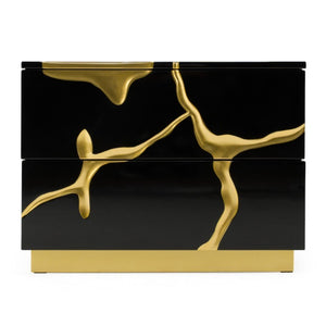 VIG Furniture Aspen High-Gloss Black Nightstand With Gold Branch Accents, Soft-Close Drawers & Wide Top (W28") VGVCN1801-BLKX-NS-W