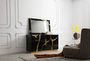VIG Furniture Aspen High-Gloss Black Dresser With Gold Trim, 6 Soft-Close Drawers, Integrated Pulls, Modern Luxe Appeal VGVC-J1801-D-L-W