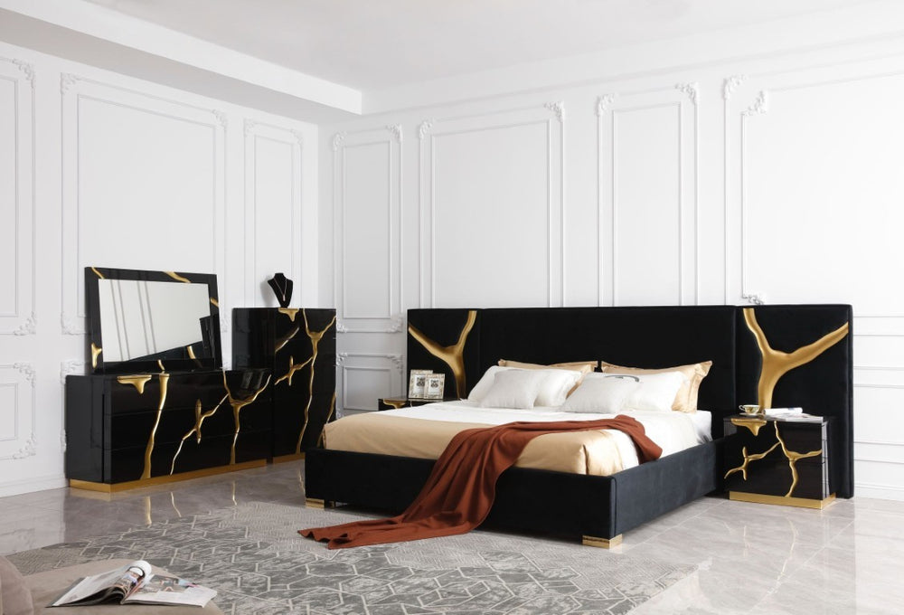 VIG Furniture Aspen High-Gloss Black Dresser With Gold Trim, 6 Soft-Close Drawers, Integrated Pulls, Modern Luxe Appeal VGVC-J1801-D-L-W