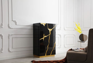 VIG Furniture Aspen High-Gloss Black Chest With Gold Accents — 5 Soft-Close Drawers, Concealed Pulls, Luxe Style VGVCJ1801-5H-BLK-CHEST