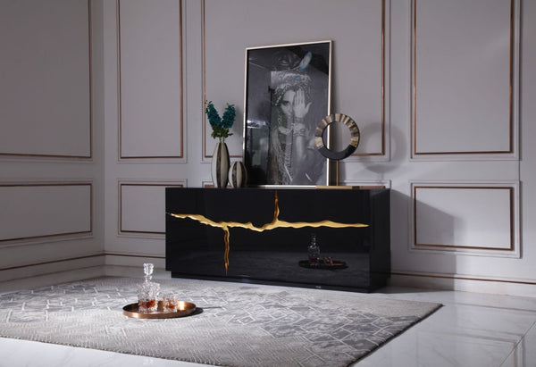 VIG Furniture Aspen High-Gloss Black Buffet With Sculptural Champagne-Gold Accent, 71" Storage Console, No Assembly Needed VGVCG1808-BLK
