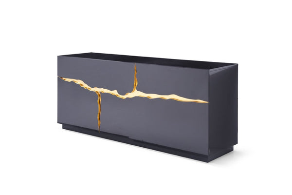 VIG Furniture Aspen High-Gloss Black Buffet With Sculptural Champagne-Gold Accent, 71" Storage Console, No Assembly Needed VGVCG1808-BLK