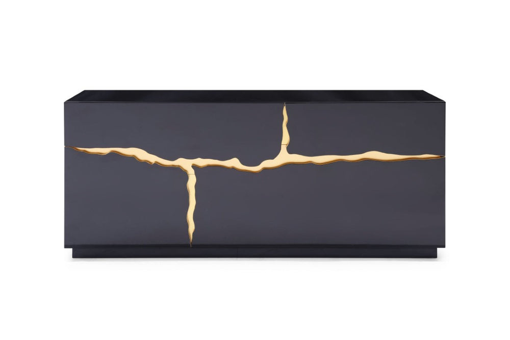 VIG Furniture Aspen High-Gloss Black Buffet With Sculptural Champagne-Gold Accent, 71" Storage Console, No Assembly Needed VGVCG1808-BLK