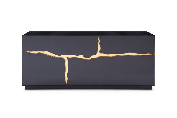 VIG Furniture Aspen High-Gloss Black Buffet With Sculptural Champagne-Gold Accent, 71" Storage Console, No Assembly Needed VGVCG1808-BLK
