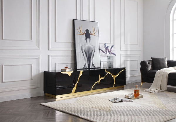 VIG Furniture Aspen Glam Modern Tv Stand With High-Gloss Black & Gold Vein Accents, 4-Door Storage, 87"W VGVCTV1801-BLK-TV