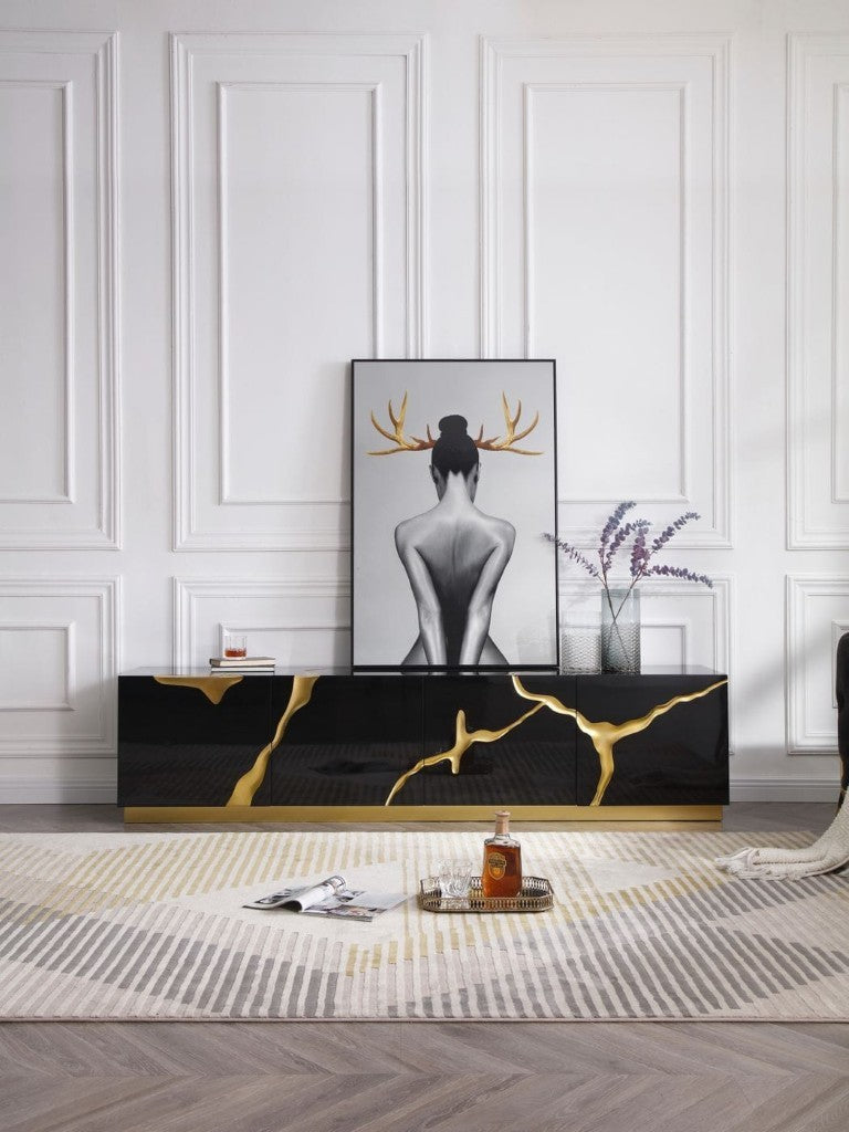VIG Furniture Aspen Glam Modern Tv Stand With High-Gloss Black & Gold Vein Accents, 4-Door Storage, 87"W VGVCTV1801-BLK-TV