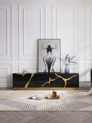 VIG Furniture Aspen Glam Modern Tv Stand With High-Gloss Black & Gold Vein Accents, 4-Door Storage, 87"W VGVCTV1801-BLK-TV