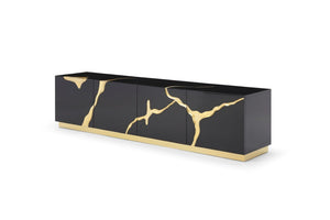 VIG Furniture Aspen Glam Modern Tv Stand With High-Gloss Black & Gold Vein Accents, 4-Door Storage, 87"W VGVCTV1801-BLK-TV