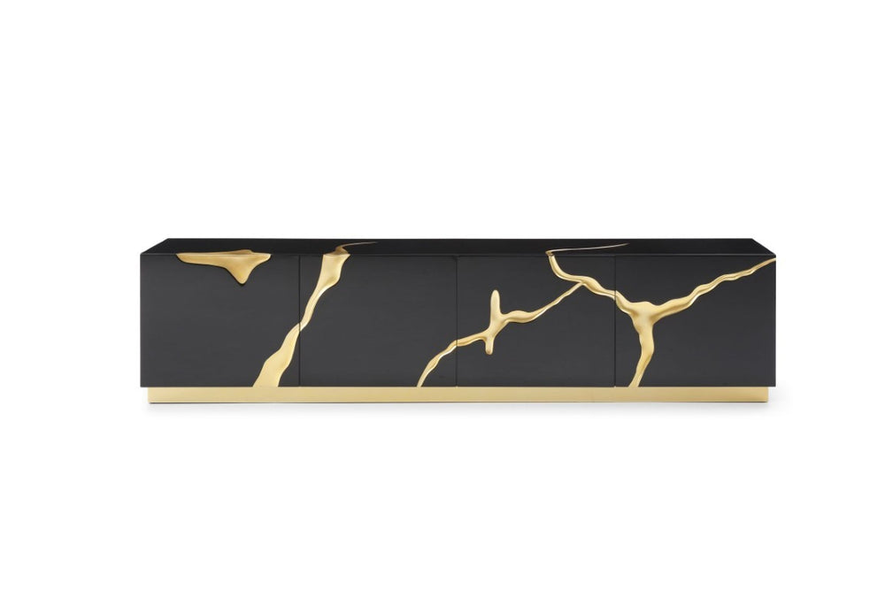 VIG Furniture Aspen Glam Modern Tv Stand With High-Gloss Black & Gold Vein Accents, 4-Door Storage, 87"W VGVCTV1801-BLK-TV
