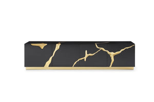 VIG Furniture Aspen Glam Modern Tv Stand With High-Gloss Black & Gold Vein Accents, 4-Door Storage, 87"W VGVCTV1801-BLK-TV