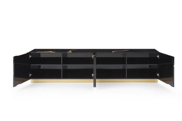 VIG Furniture Aspen Glam Modern Tv Stand With High-Gloss Black & Gold Vein Accents, 4-Door Storage, 87"W VGVCTV1801-BLK-TV