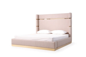 VIG Furniture Sterling Queen Upholstered Beige Bonded Leather Bed W/ Tall Padded Headboard & Gold Nightstands VGVCBD1901-BEI-BED-2NS-SET-Q