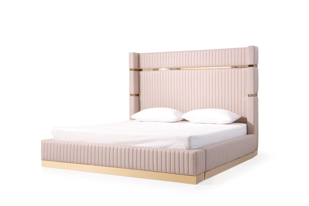 VIG Furniture Sterling Modern Beige Bonded Leather Eastern King Bed With Rose Gold Accents & Soft-Closing Nightstands VGVCBD1901-BEI-BED-2NS-SET-EK