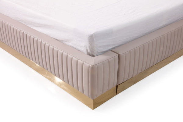 VIG Furniture Sterling Queen Upholstered Beige Bonded Leather Bed W/ Tall Padded Headboard & Gold Nightstands VGVCBD1901-BEI-BED-2NS-SET-Q